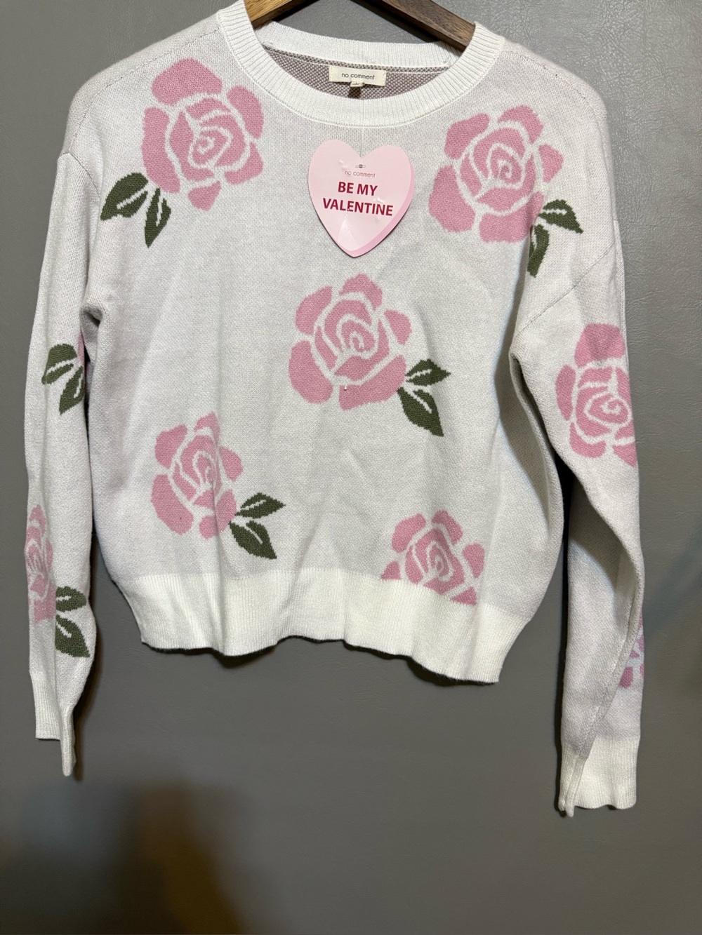 No Comment Women’s White Crewneck Sweater with Pink Rose Motif